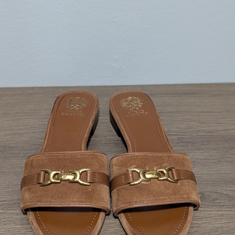 Brown Suede Slide Sandals with Gold Horsebit